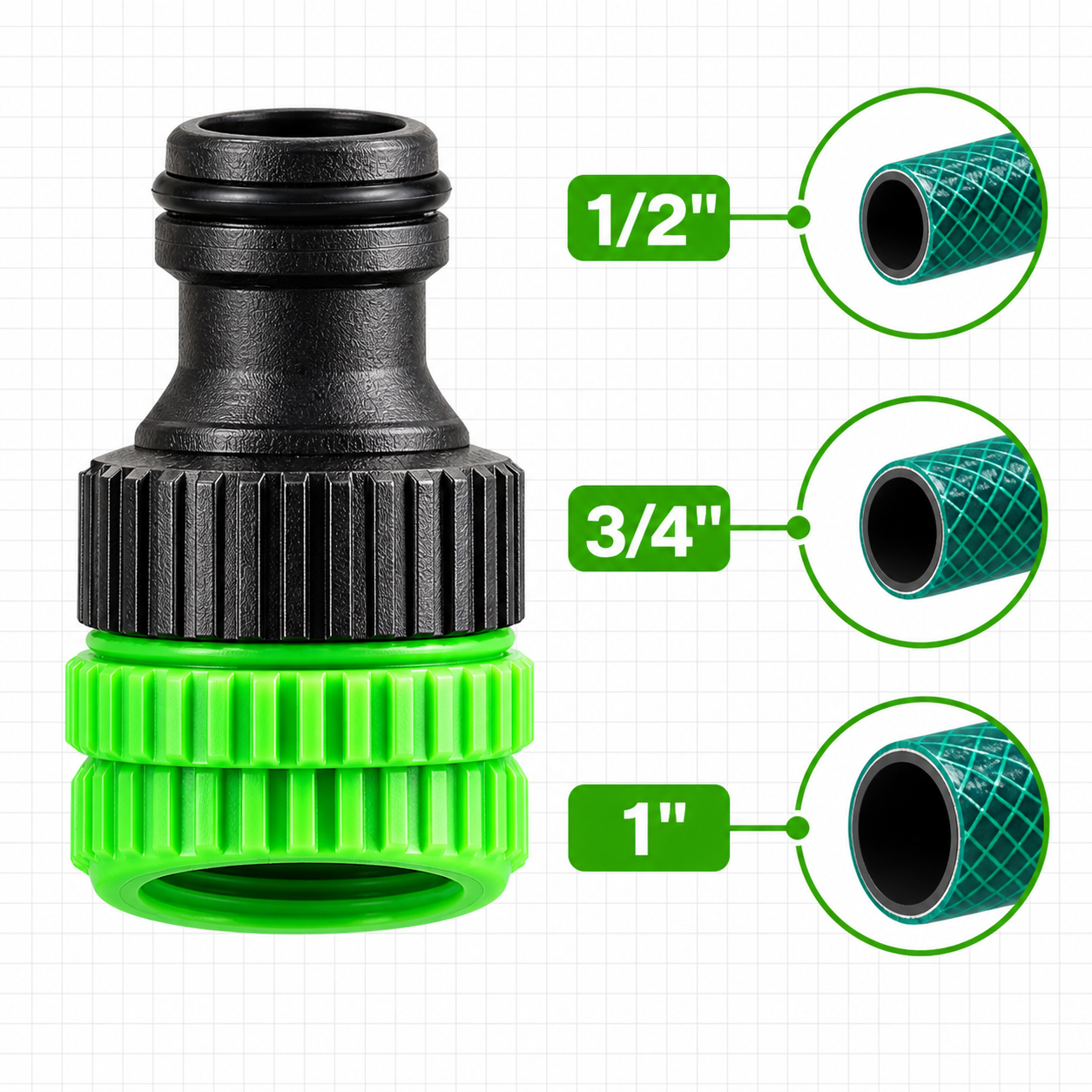 Compatibilidad del conector para mangueras de 1/2, 3/4 y 1 pulgada