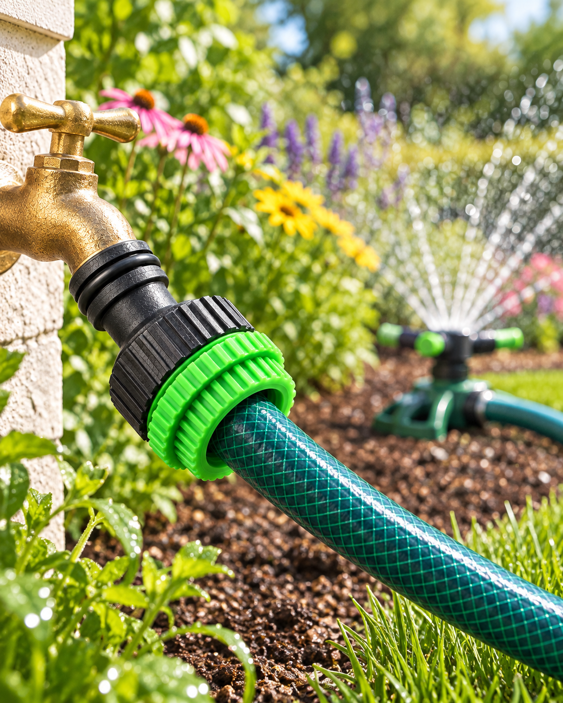Conector 40003 usado con aspersor en jardín