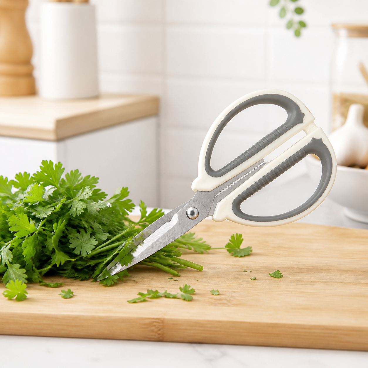 Tijeras de Cocina Multiusos, Acero Inoxidable, Mango Blanco y Gris, 19,2 cm - Imagen 6