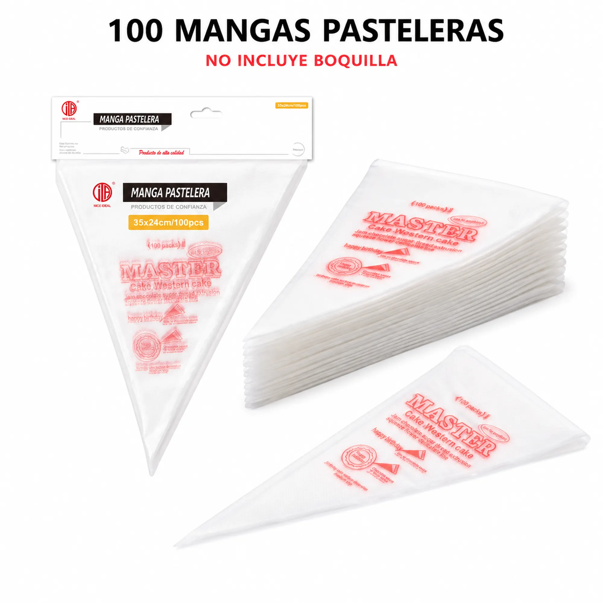 Contenido del paquete con 100 mangas pasteleras grandes sin boquillas
