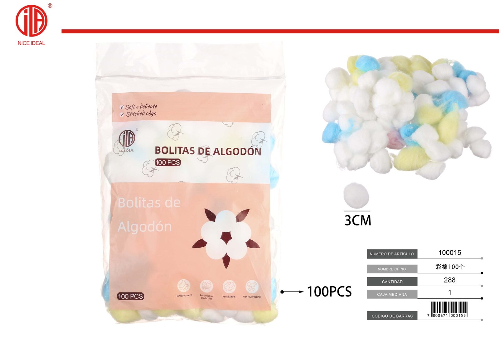 Bolitas de algodón multicolor, 100 unidades
