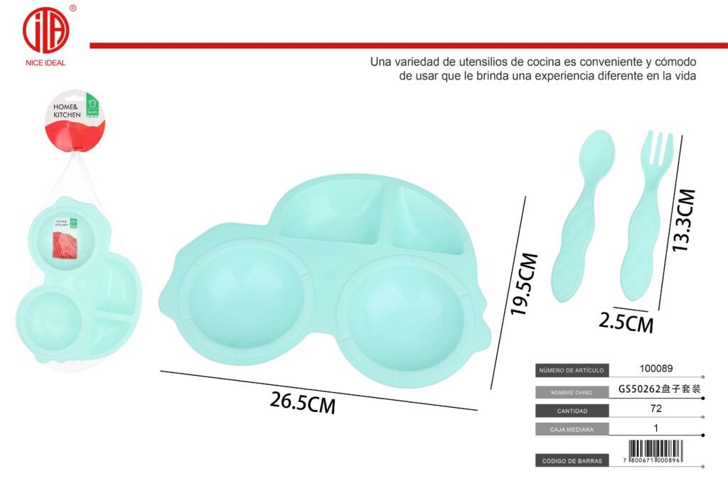 Plato infantil con cubiertos, diseño vehículo
