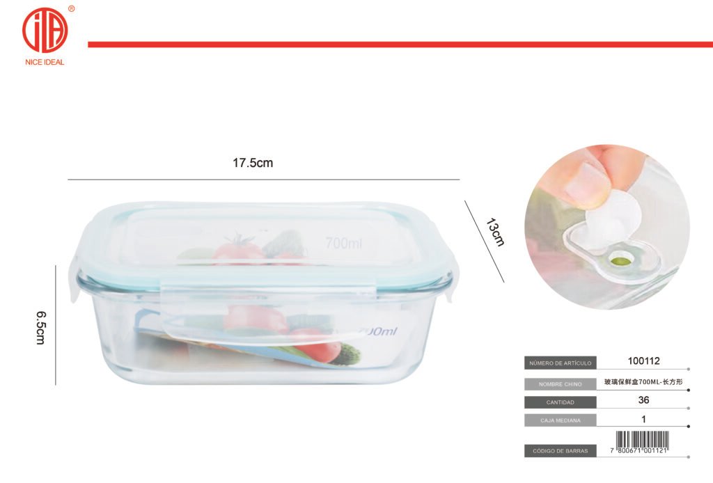 Contenedor rectangular de vidrio con tapa, 700 ml