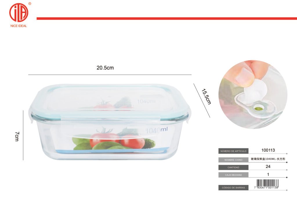 Contenedor rectangular de vidrio con tapa, 1040 ml