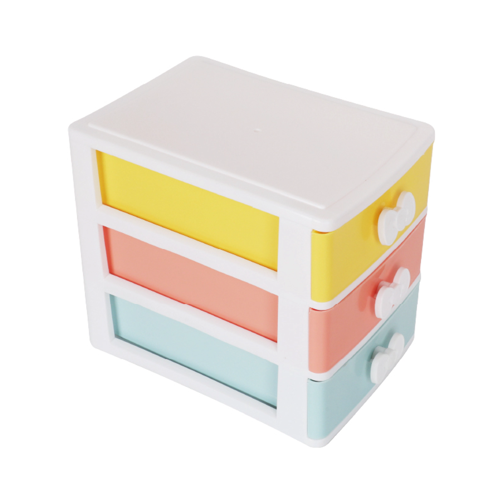 Organizador de escritorio multicolor con tres cajones cerrados