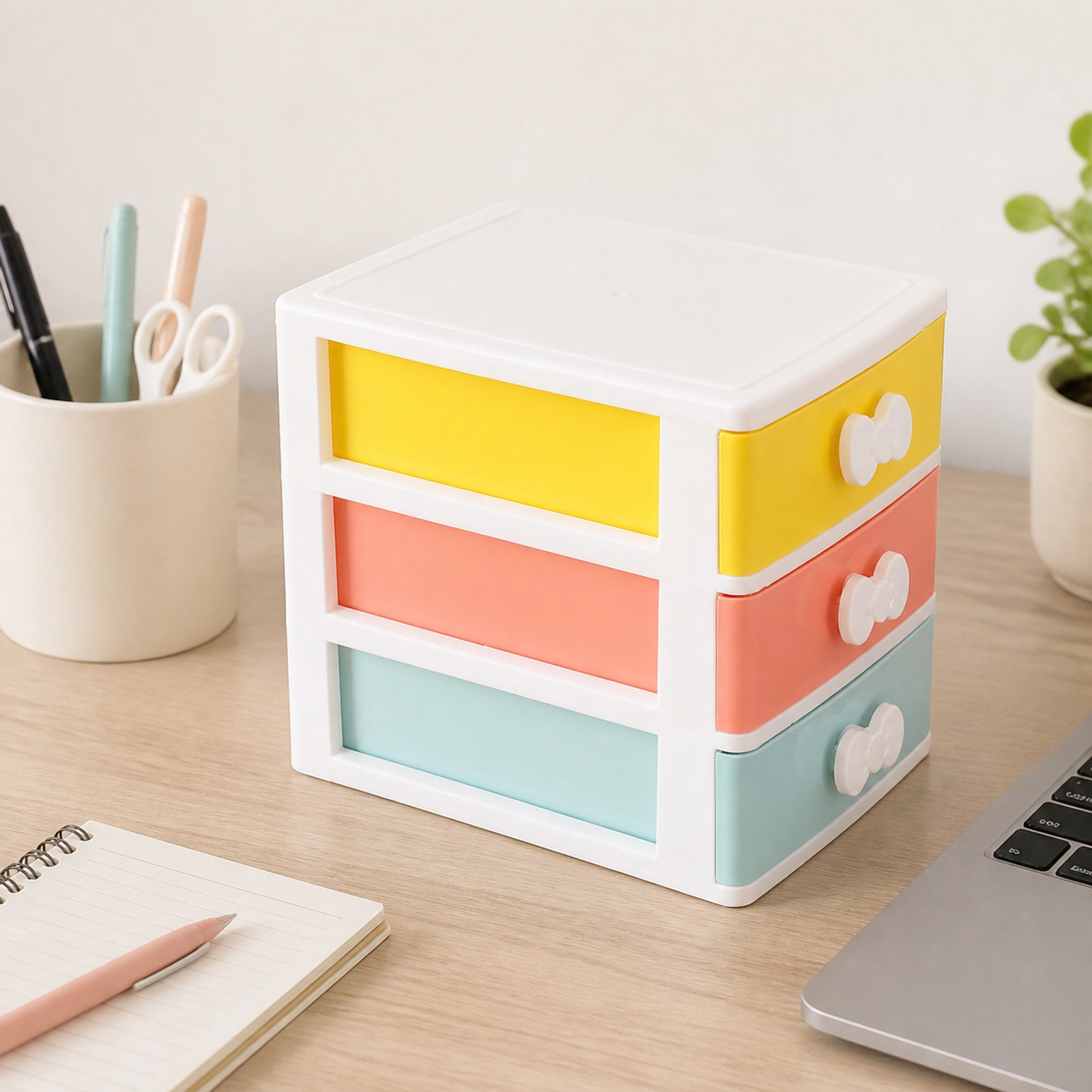 Organizador multicolor de tres cajones en un escritorio de oficina