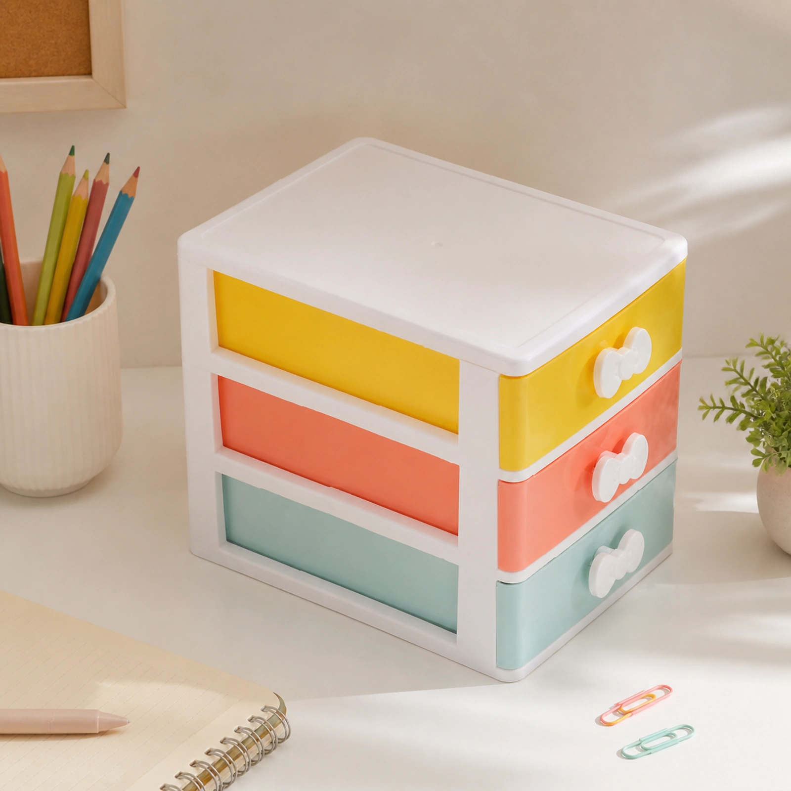 Organizador multicolor de tres cajones en un espacio de estudio