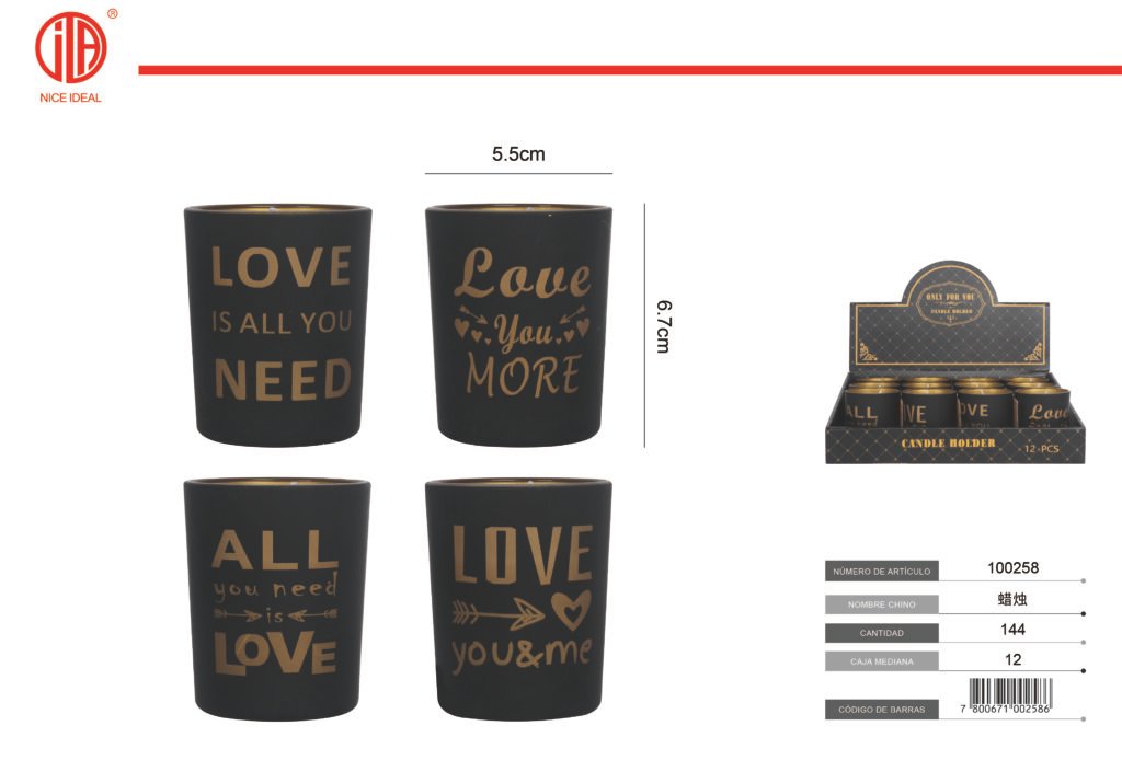 Vela decorativa en vaso negro con mensaje LOVE