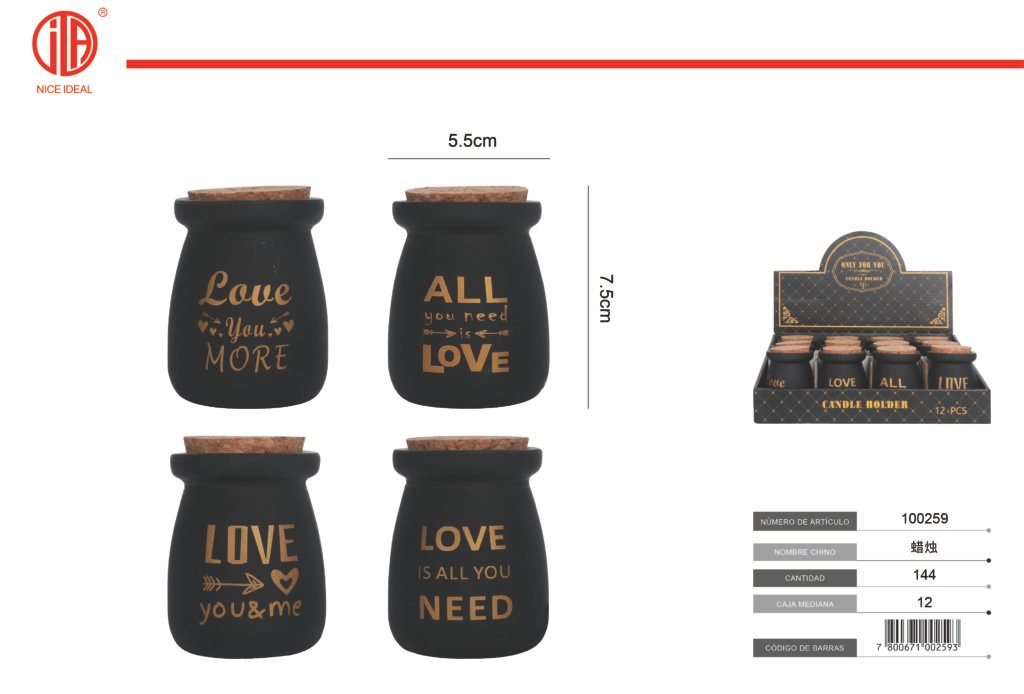 Vela decorativa en frasco negro con mensaje LOVE
