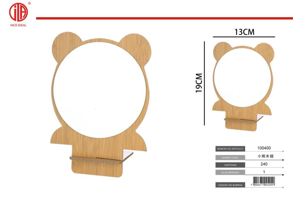 Espejo de sobremesa con orejas y base de madera