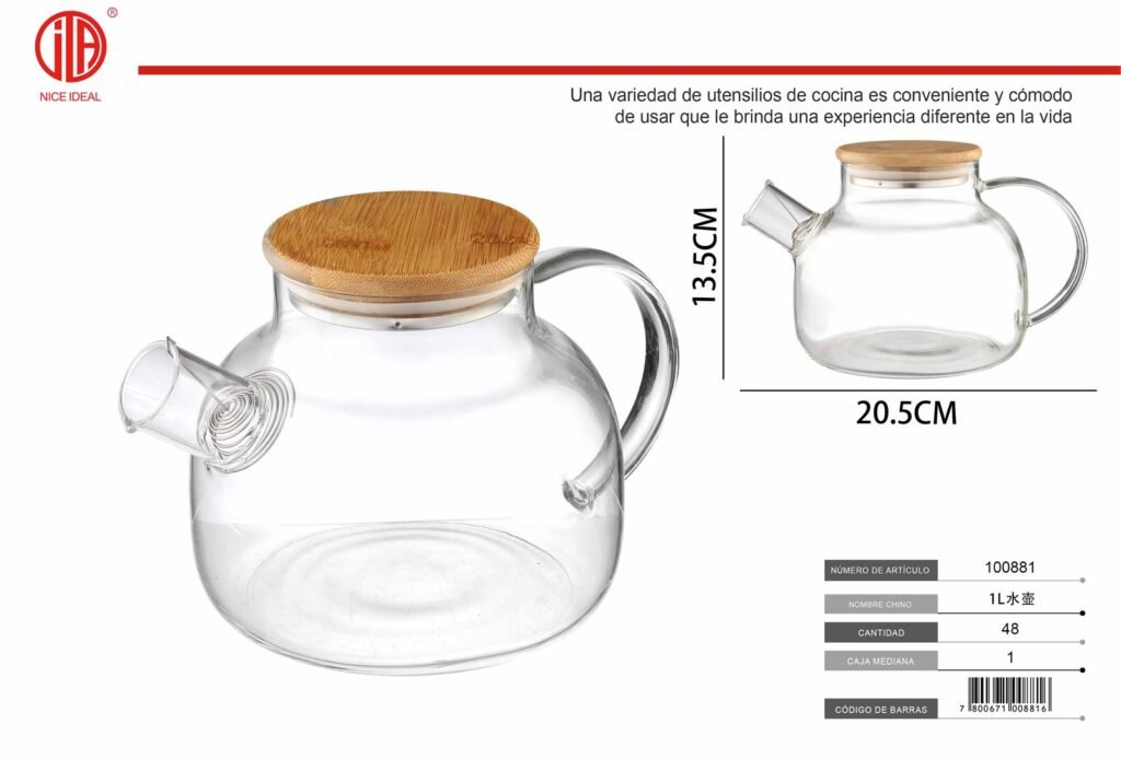 Tetera de vidrio con tapa de bambú, 1 litro