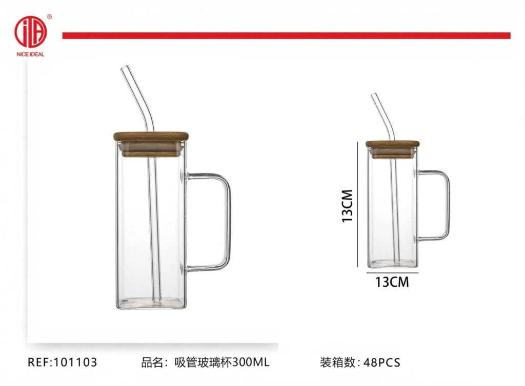 VASO DE VIDRIO CON PAJITA 300ML