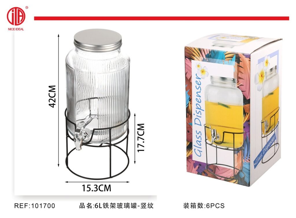 TARRO DE CRISTAL CON SOPORTE DE METAL 6L