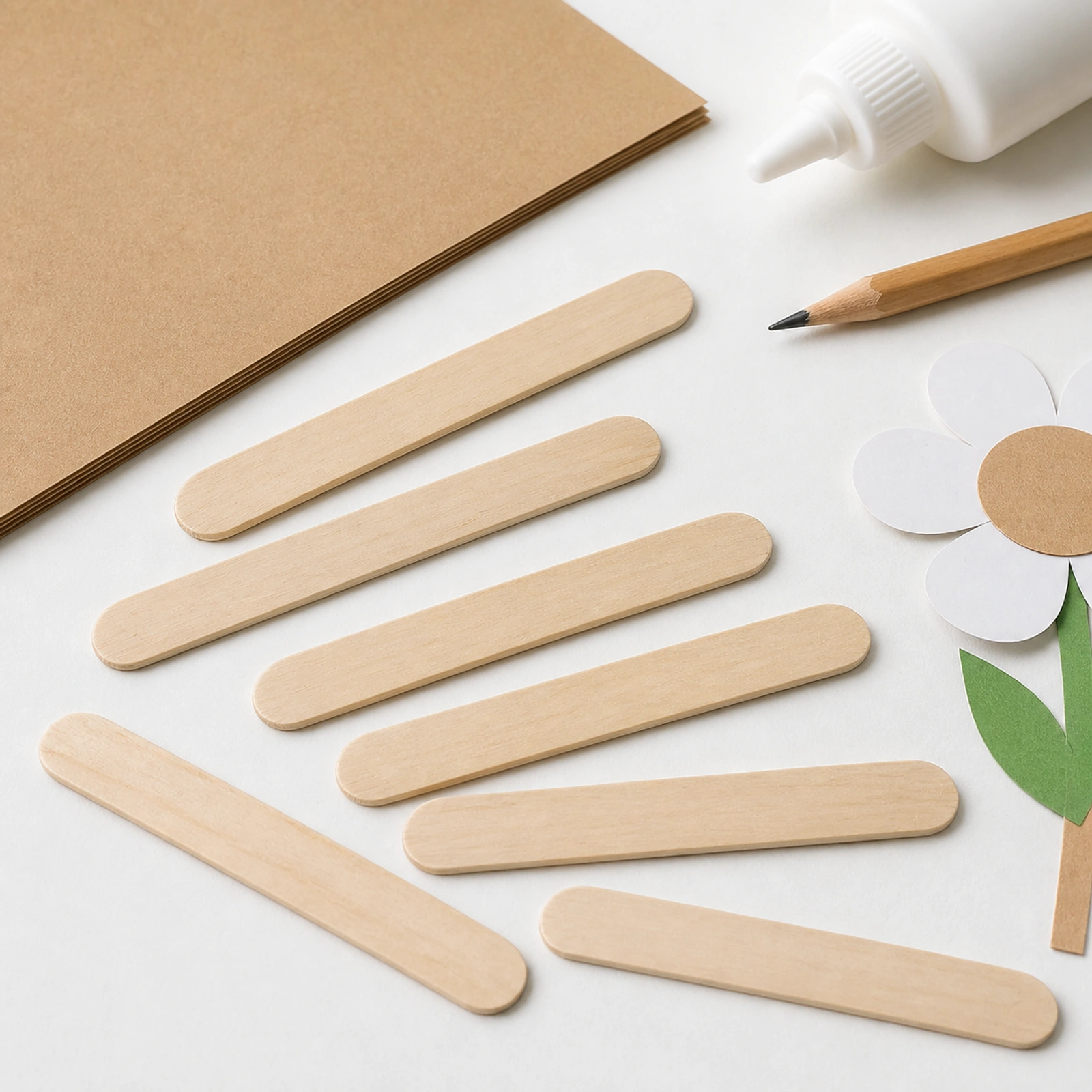 Palitos de madera natural en una mesa de manualidades