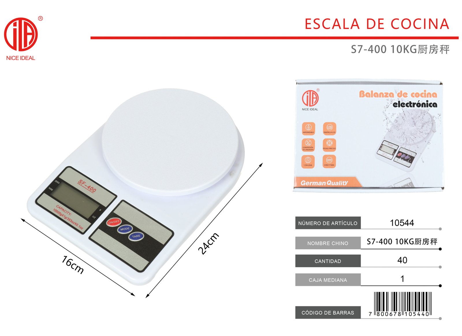 Balanza electrónica de cocina, hasta 10 kg