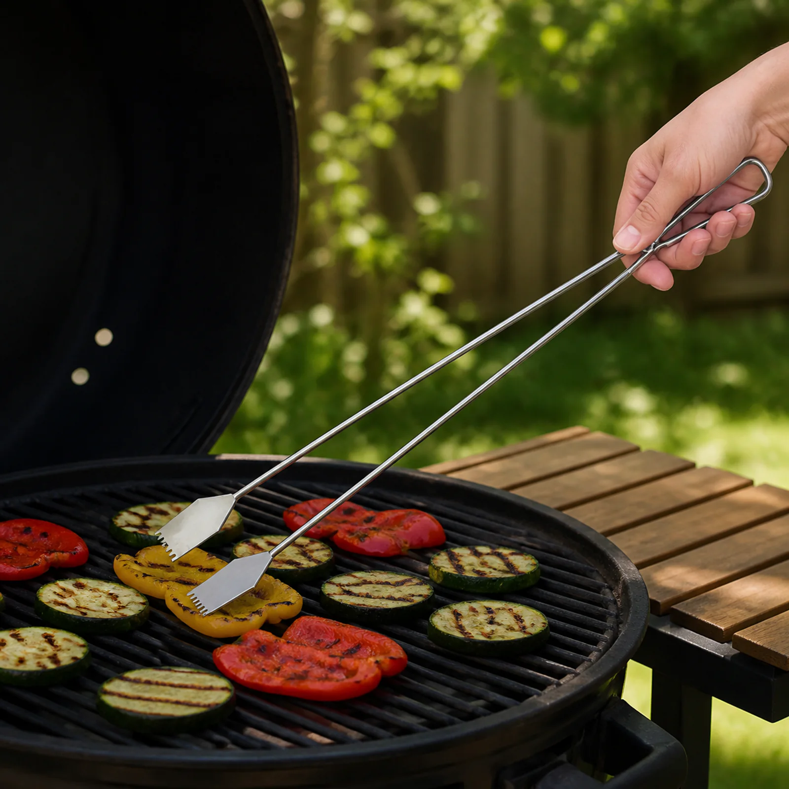Pinza larga utilizada para girar verduras en una parrilla