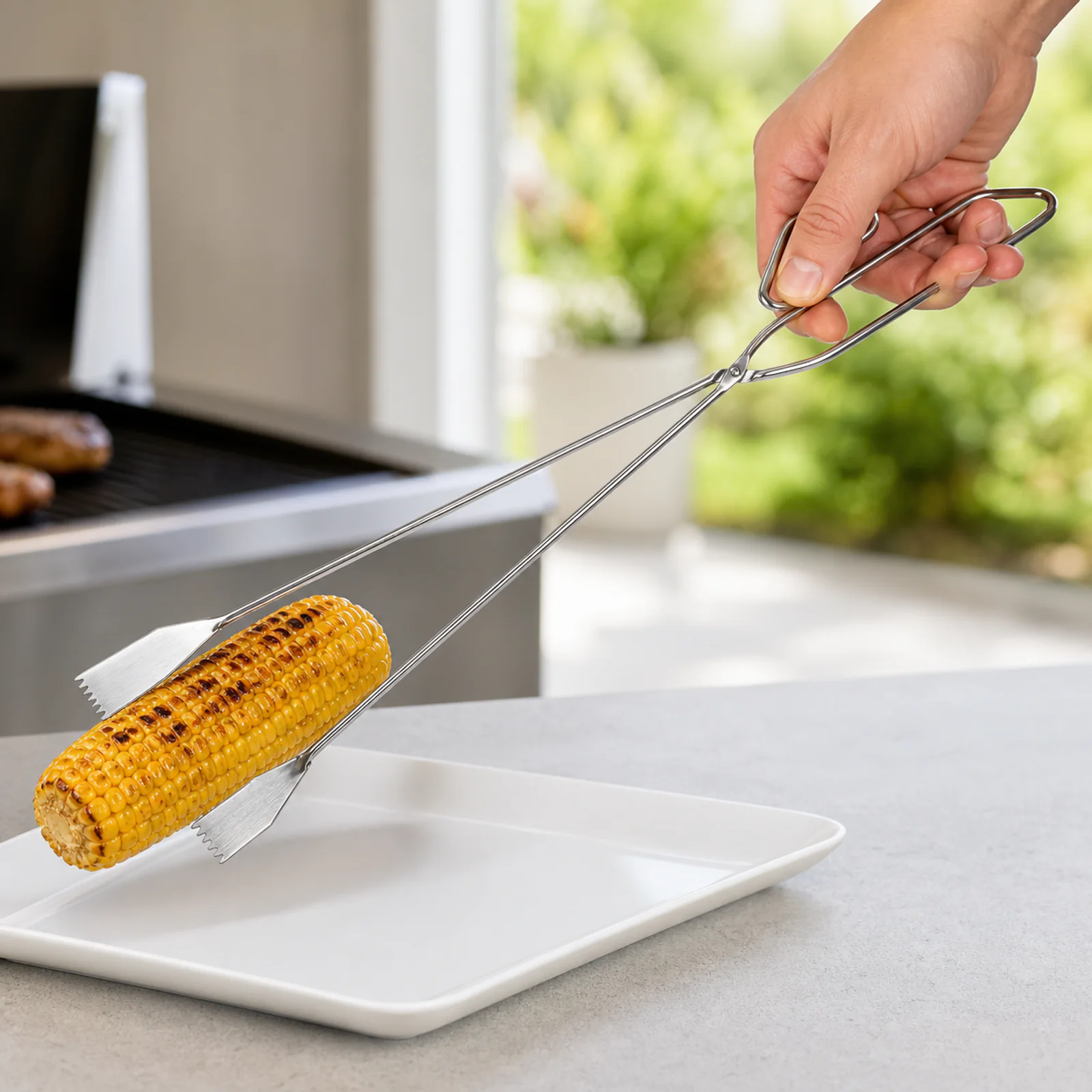 Demostración de apertura y agarre de la pinza para barbacoa