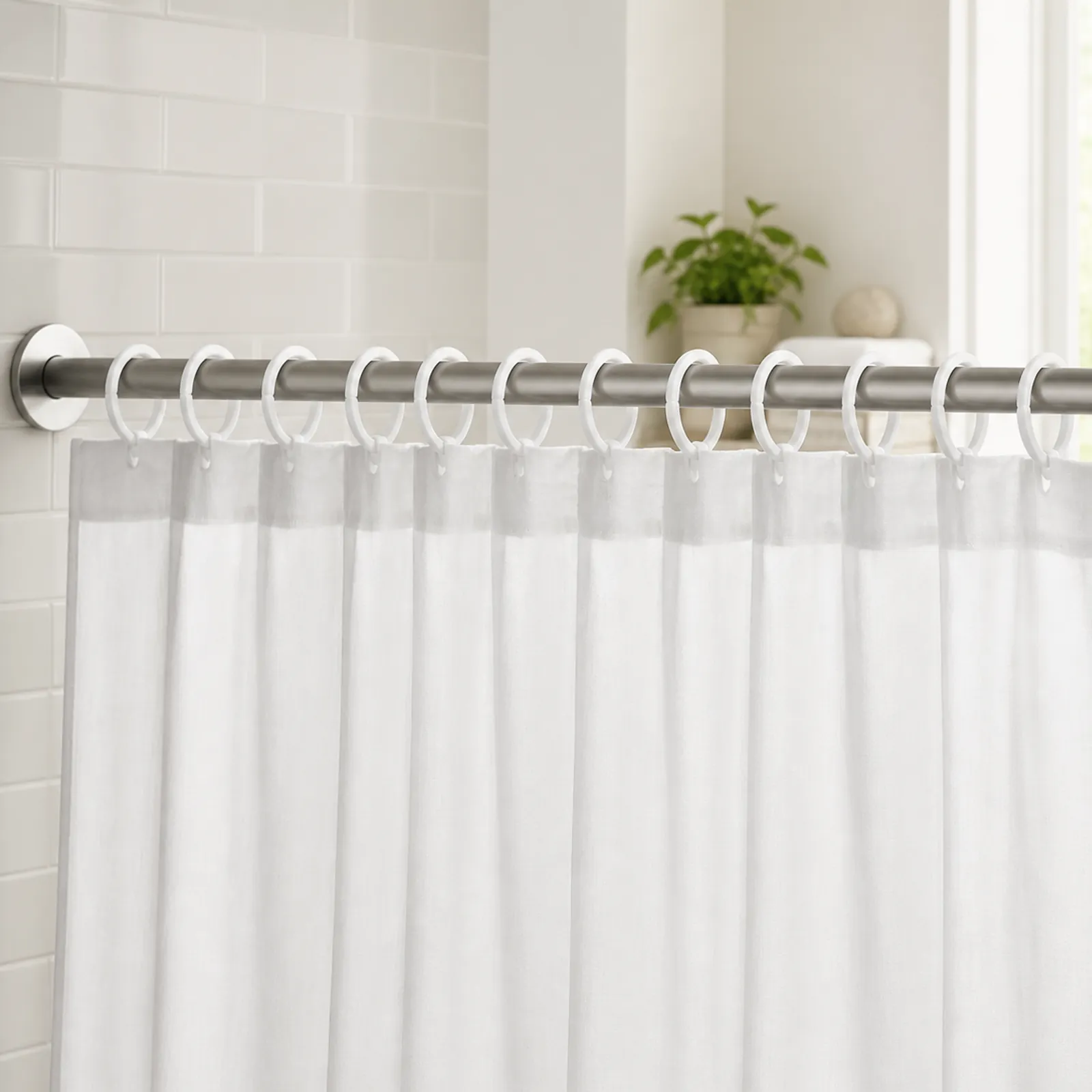 Doce ganchos blancos instalados en una cortina de baño