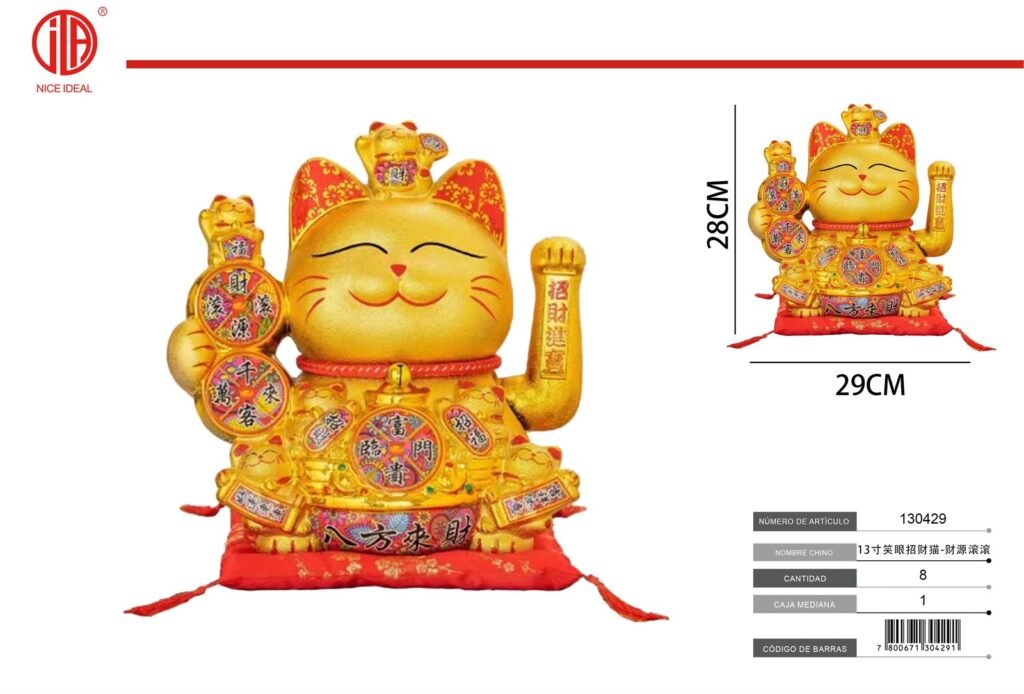 Gato de la suerte dorado con monedas decorativas, 28 cm