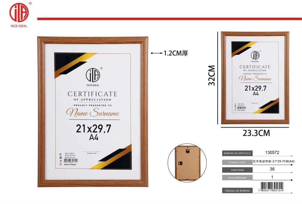 Marco para certificado color madera tamaño A4 21 x 29,7 cm