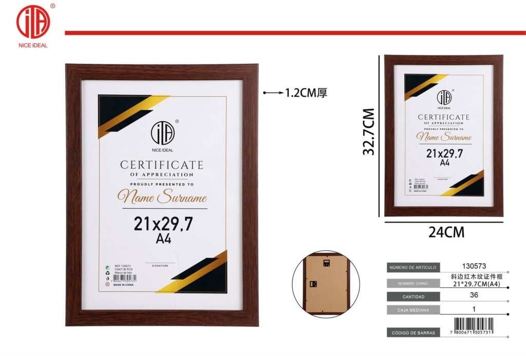 Marco para certificado madera rojiza tamaño A4 21 x 29,7 cm