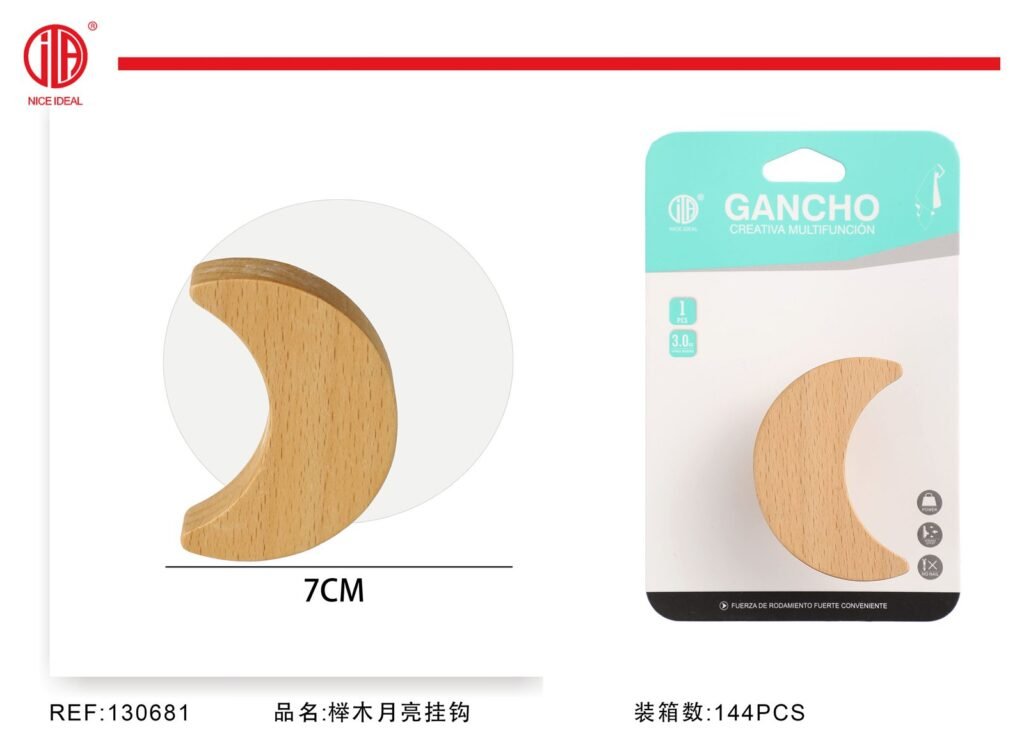 Gancho adhesivo de madera con forma de luna 7 cm