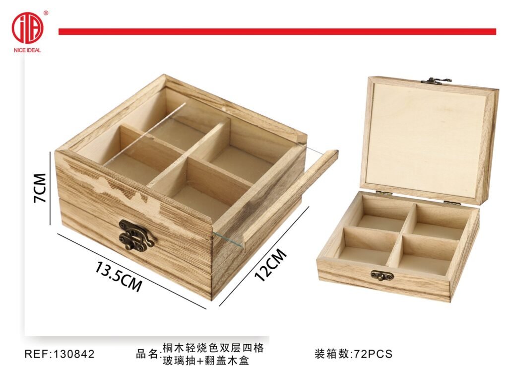 Caja organizadora de madera con 4 compartimentos y tapa de vidrio 13,5 cm