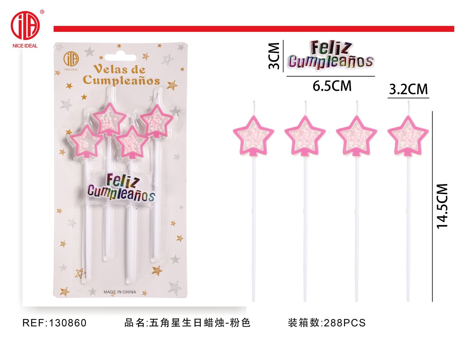 Set de 5 velas de cumpleaños con estrellas rosadas