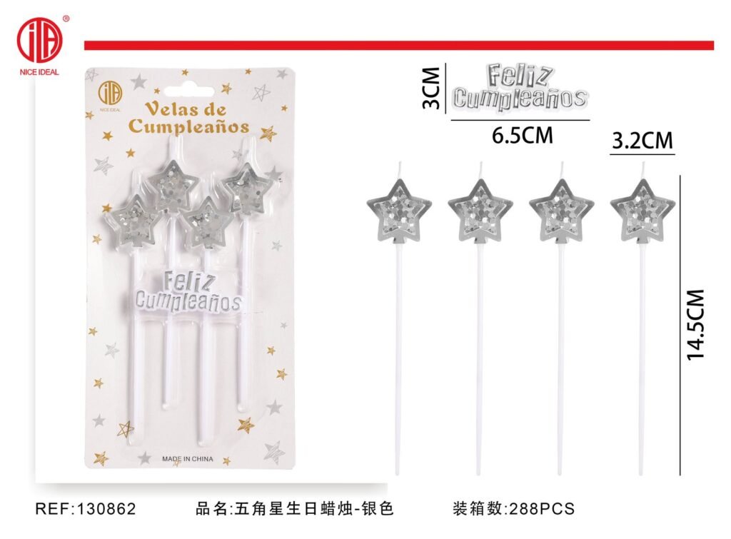 Set de 5 velas de cumpleaños con estrellas plateadas