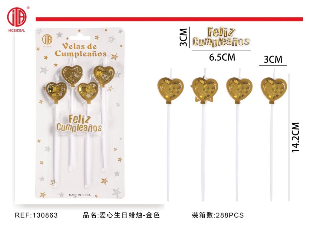 Set de 5 velas de cumpleaños con corazones dorados