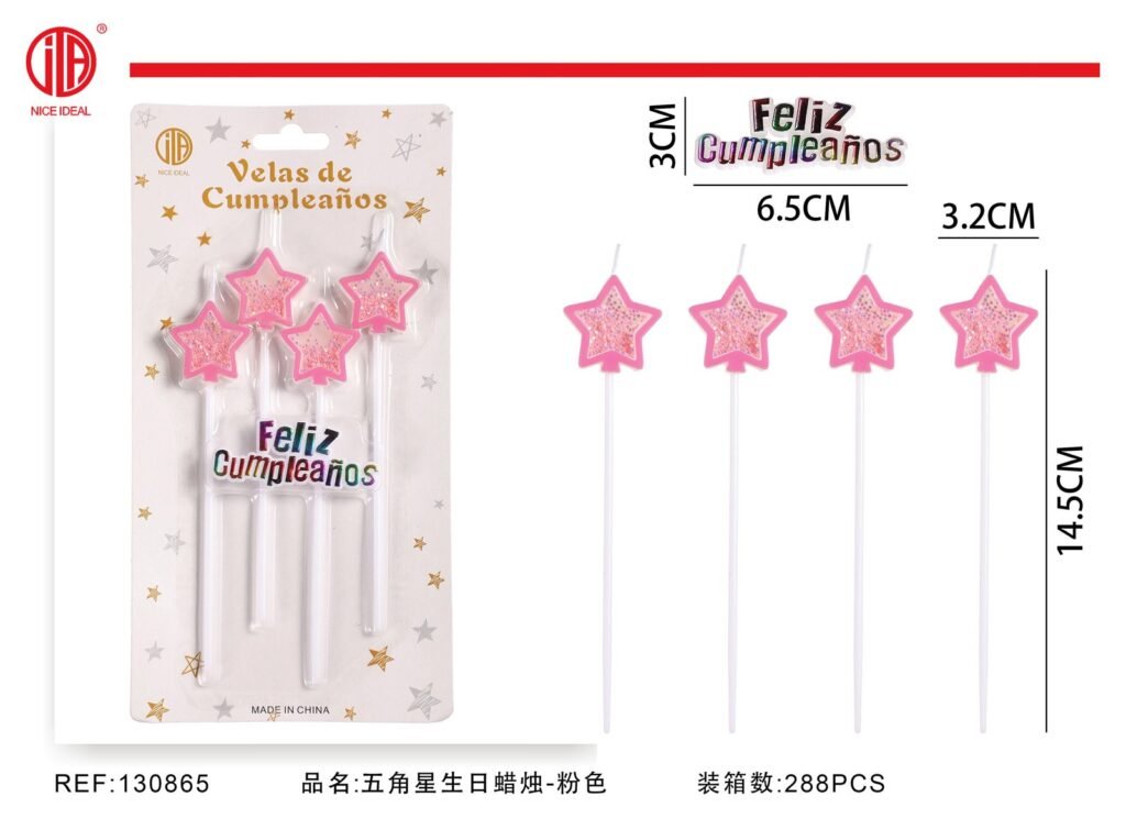 Set de 5 velas de cumpleaños con estrellas rosadas brillantes