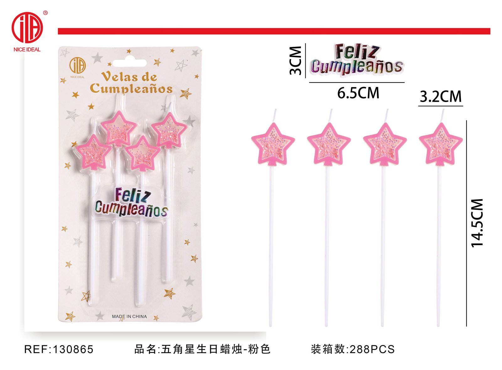 Set de 5 velas de cumpleaños con estrellas rosadas brillantes