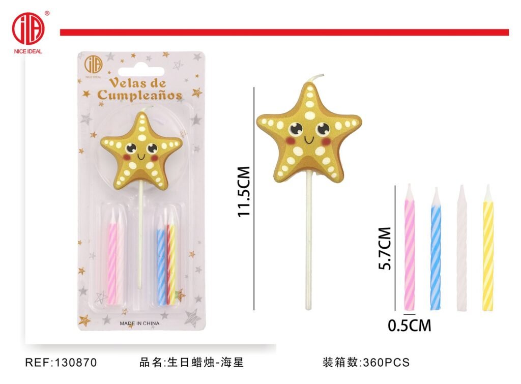 Set de velas de cumpleaños con estrella de mar y 4 velas de colores