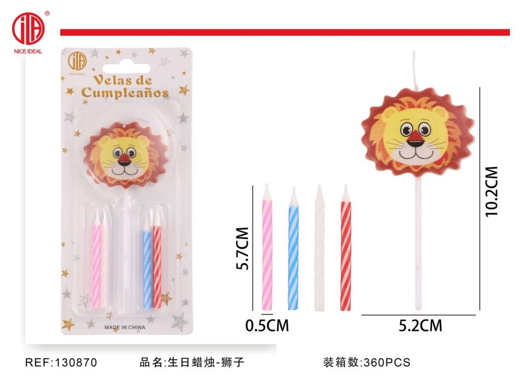 Set de velas de cumpleaños con león y 4 velas de colores