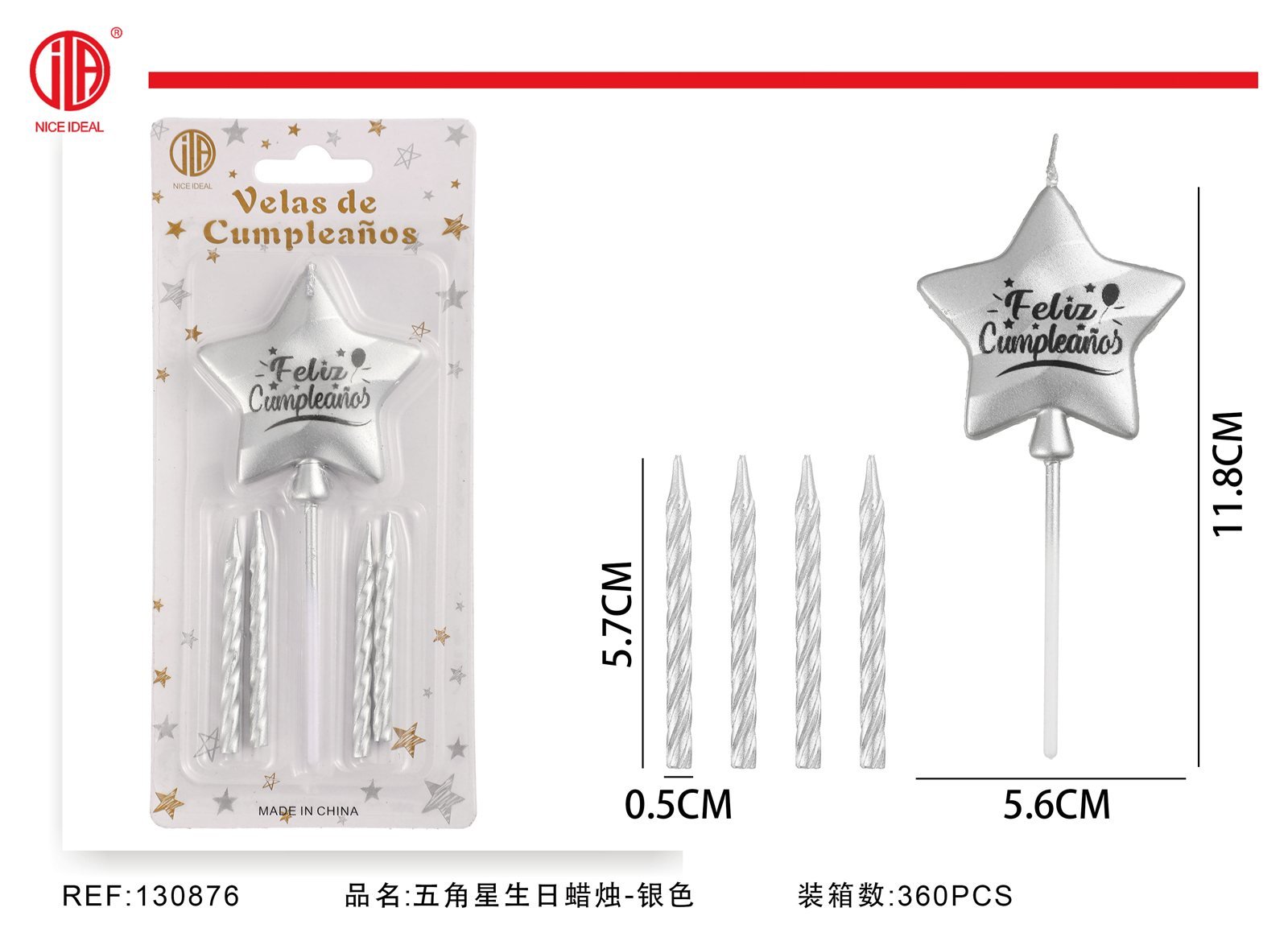 Set de velas de cumpleaños con estrella plateada y 4 velas espirales