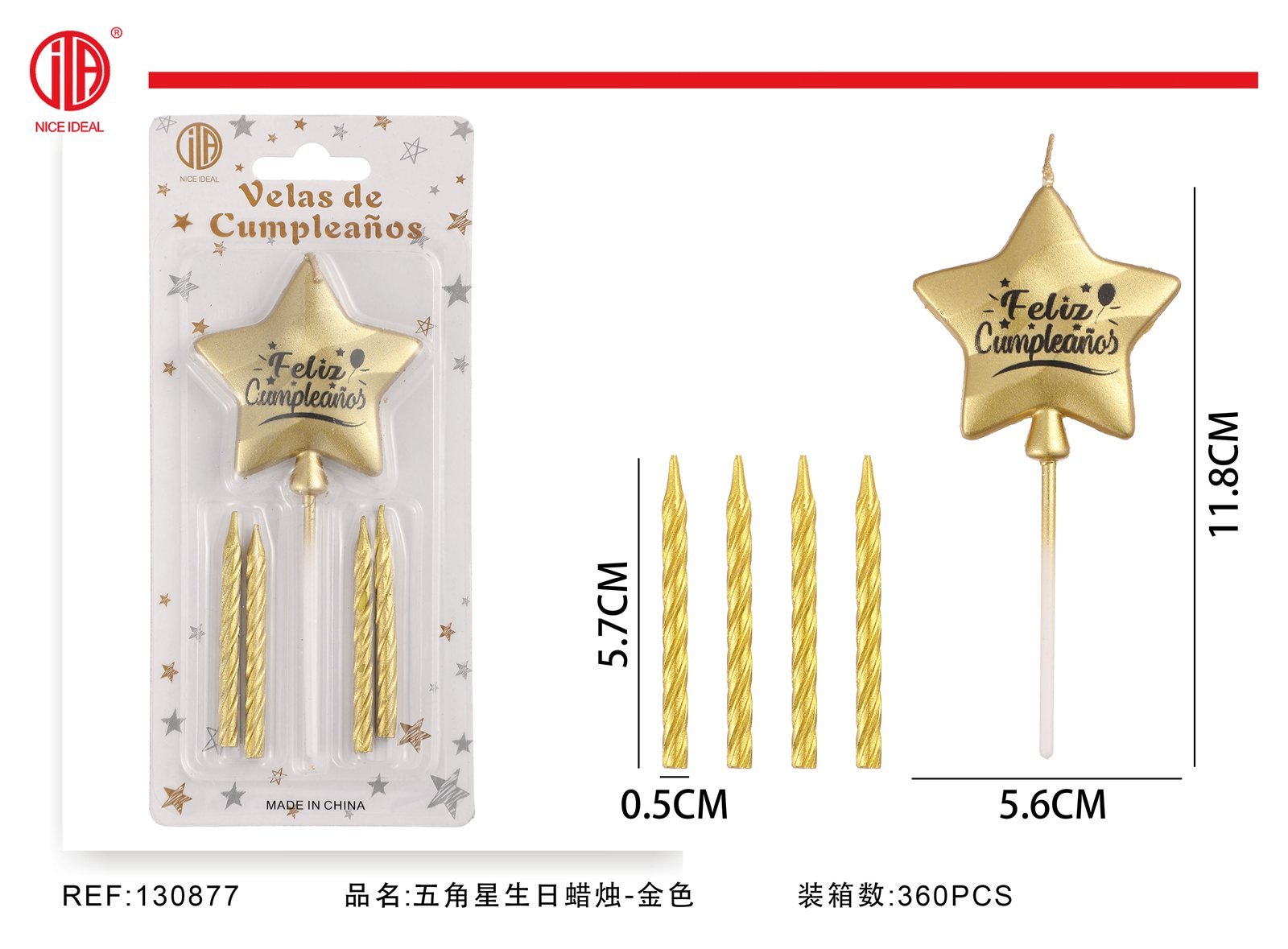 Set de velas de cumpleaños con estrella dorada y 4 velas espirales