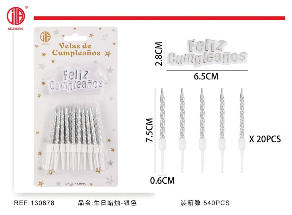 Set de 20 velas plateadas con letrero Feliz Cumpleaños