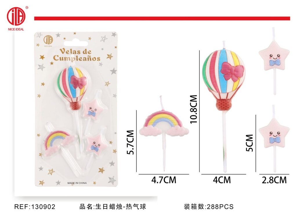 Set de 4 velas de cumpleaños con globo aerostático y arcoíris