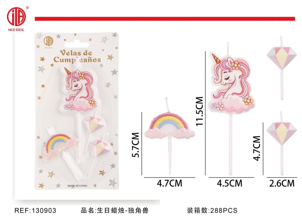 Set de 4 velas de cumpleaños con unicornio y arcoíris