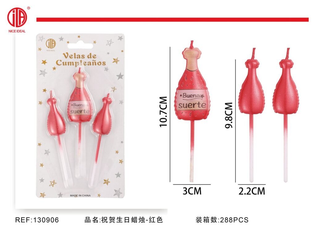 Set de 3 velas rojas con botella Buena Suerte