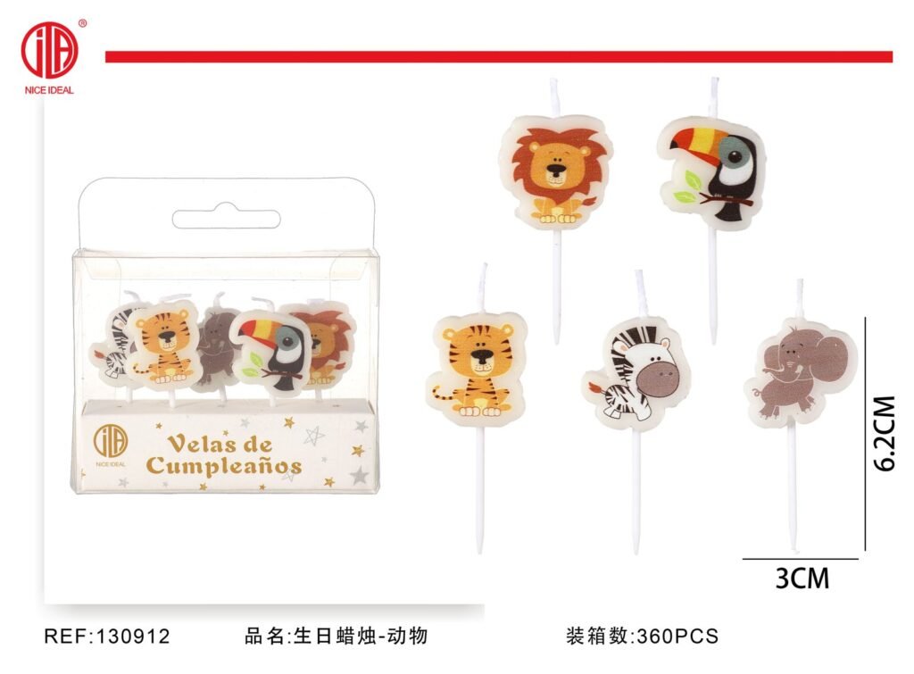 Set de 5 velas de cumpleaños con animales salvajes