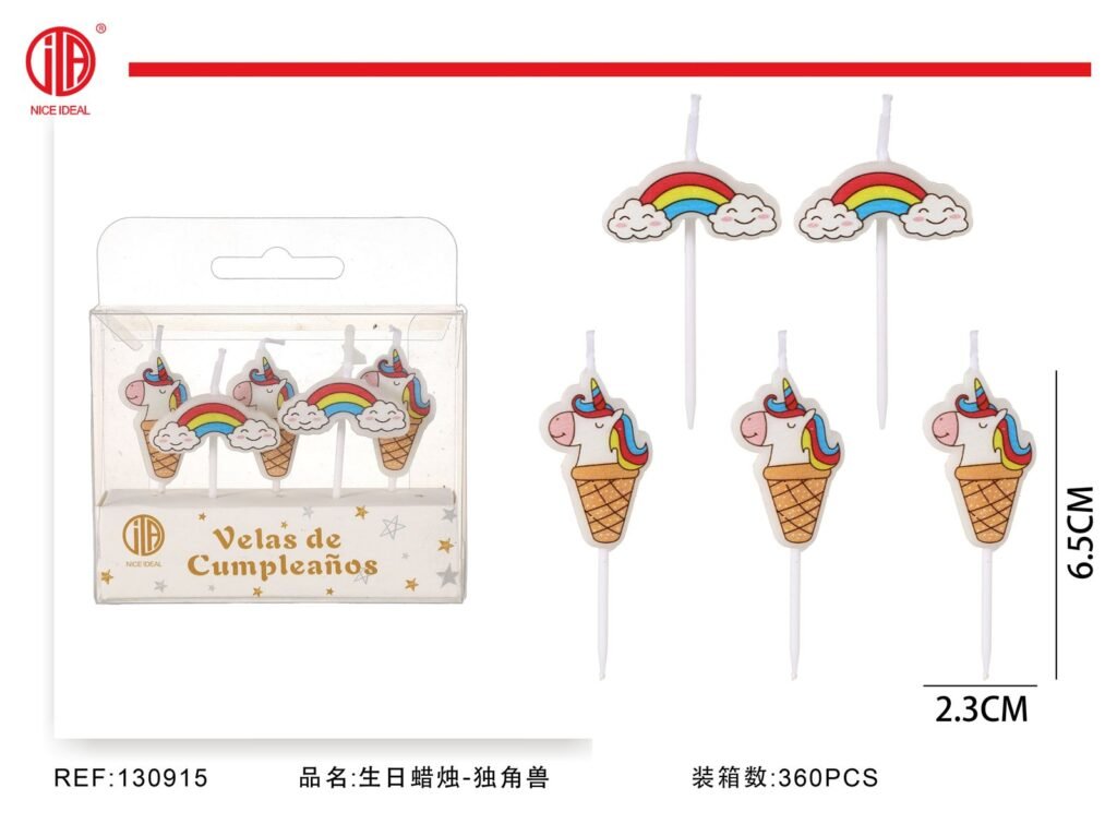 Set de 5 velas de cumpleaños con unicornios y arcoíris