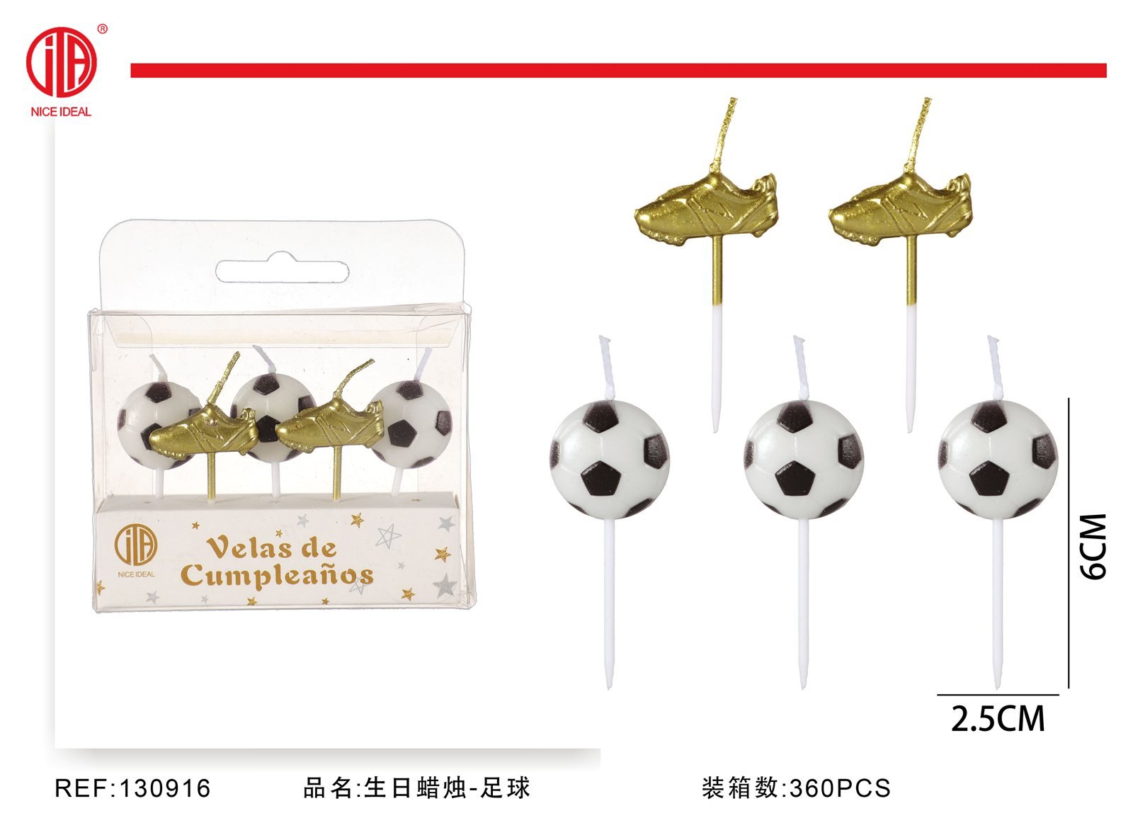Set de 5 velas de cumpleaños con temática de fútbol