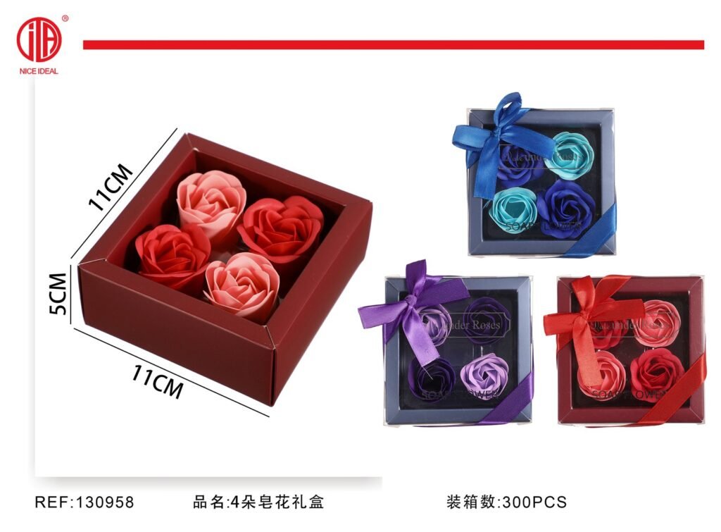 Caja de regalo con 4 rosas de jabón surtidas