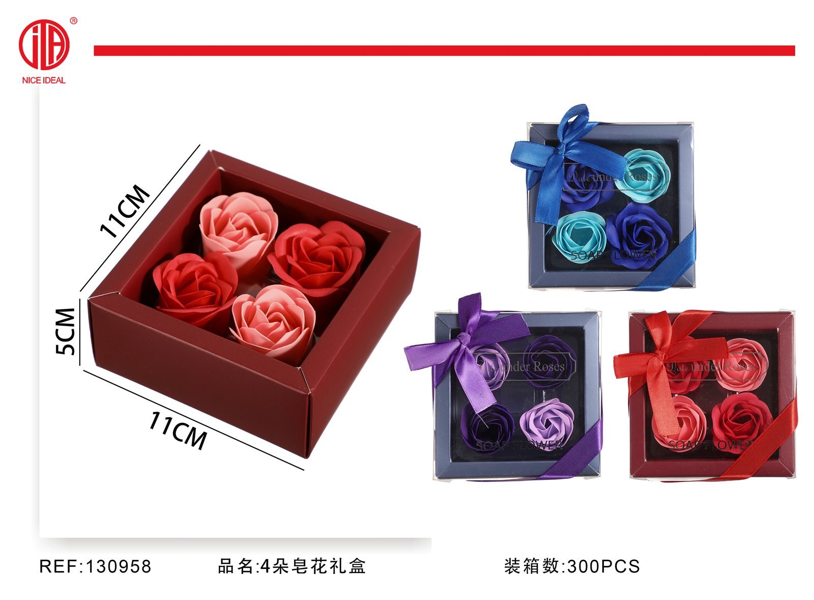 Caja de regalo con 4 rosas de jabón surtidas