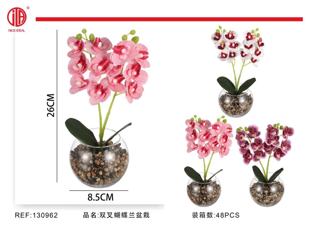 Orquídea artificial doble en maceta de vidrio 26 cm