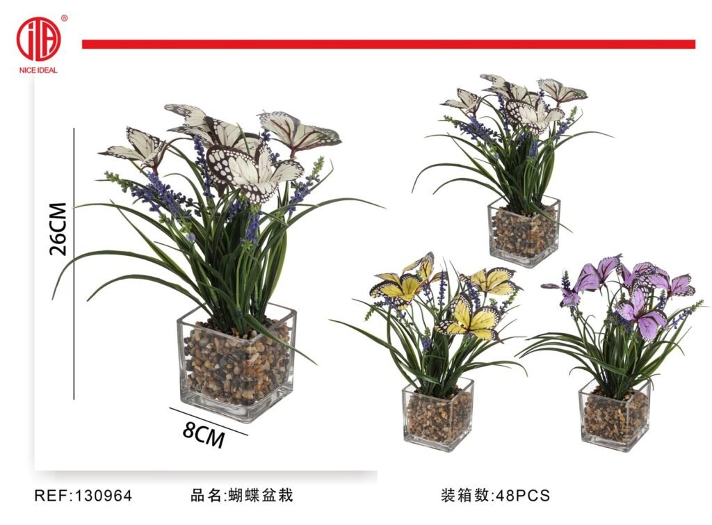 Planta artificial con mariposas en maceta de vidrio 26 cm