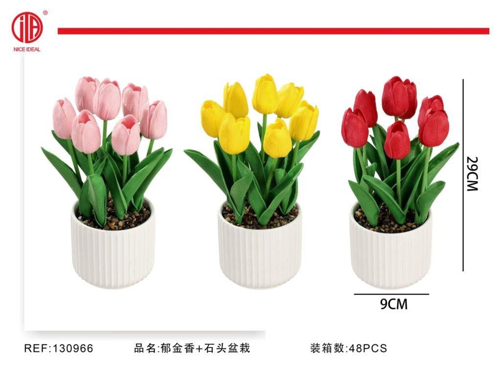 Tulipanes artificiales en maceta acanalada 29 cm