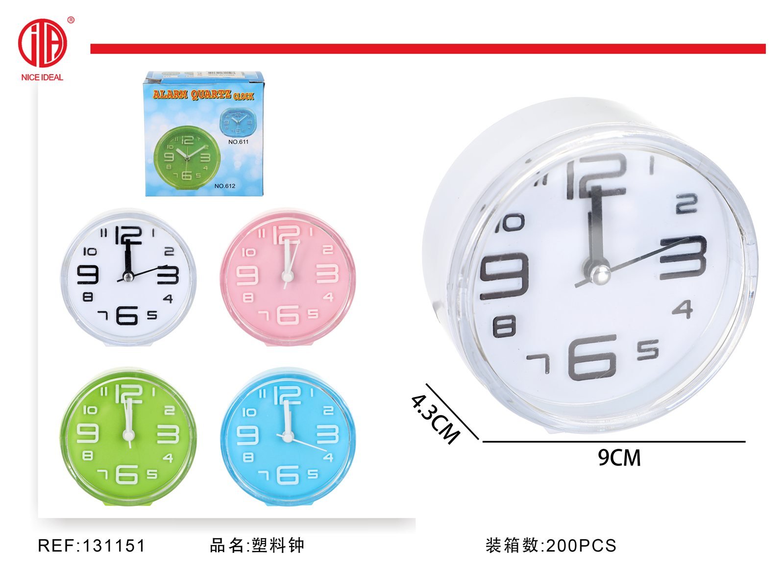 Reloj despertador analógico redondo transparente 9 cm