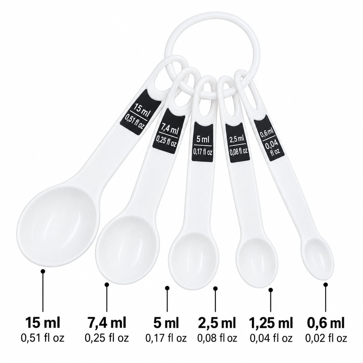 Set de 6 cucharas medidoras pequeñas blancas para cocina, 0,6–15 ml - Imagen 4